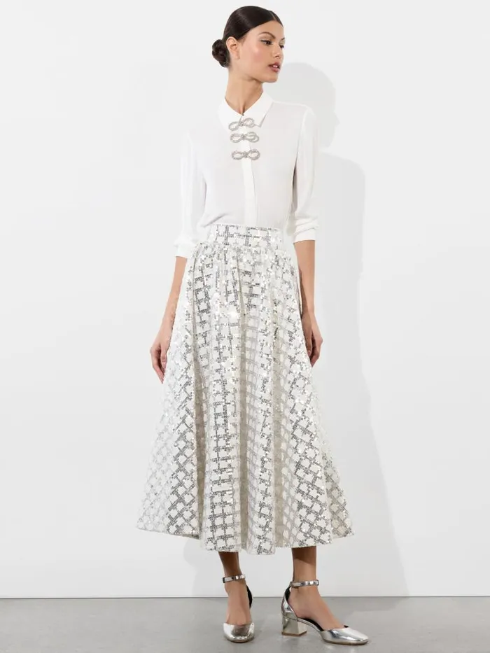 Alice Olivia WILLA PLACKET TOP WITH EMBELLISHED BOW DETAIL Black Women Tops