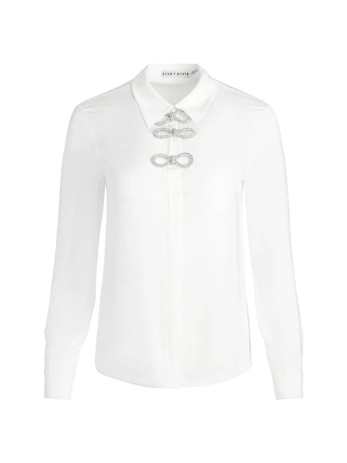 Alice Olivia WILLA PLACKET TOP WITH EMBELLISHED BOW DETAIL Black Women Tops