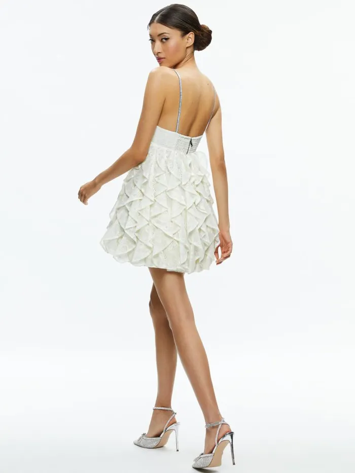 Alice Olivia WILMARIE EMBELLISHED LACE RUFFLE MINI GOWN Off White Women Dresses