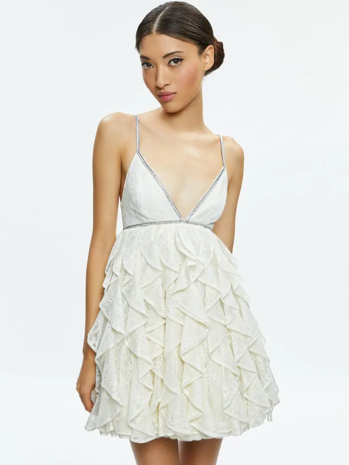 Alice Olivia WILMARIE EMBELLISHED LACE RUFFLE MINI GOWN Off White Women Dresses