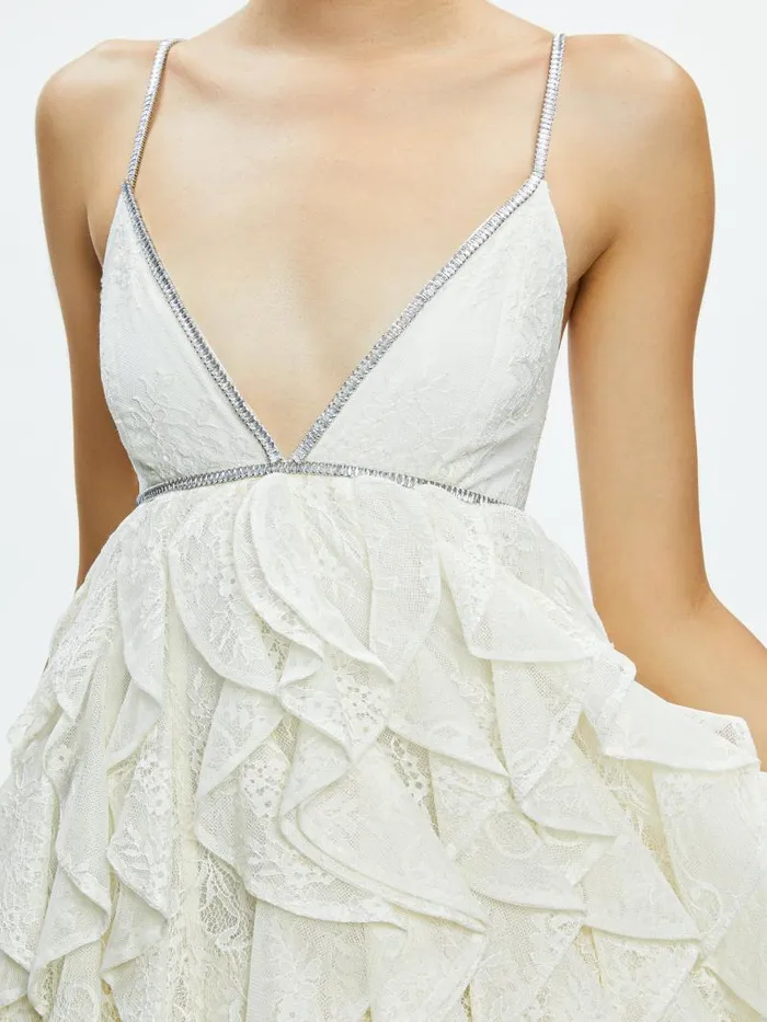Alice Olivia WILMARIE EMBELLISHED LACE RUFFLE MINI GOWN Off White Women Dresses