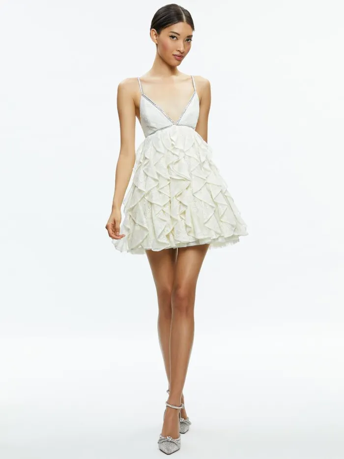 Alice Olivia WILMARIE EMBELLISHED LACE RUFFLE MINI GOWN Off White Women Dresses
