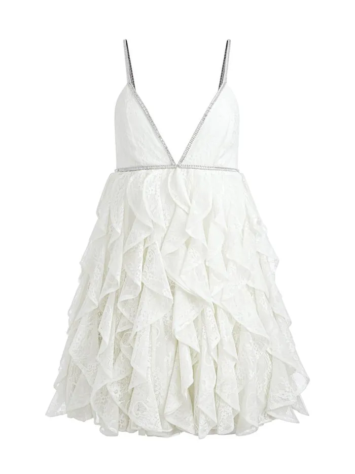 Alice Olivia WILMARIE EMBELLISHED LACE RUFFLE MINI GOWN Off White Women Dresses