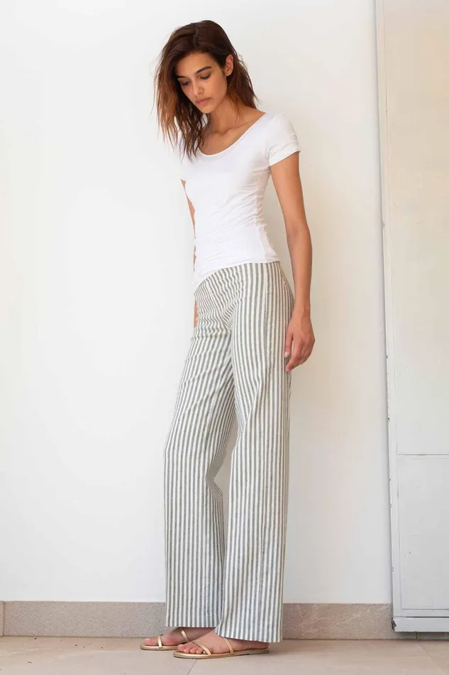 Avenue Montaigne FLAVIA Linen Stripes Bengal Olive Women Pants Avenue Montaigne FLAVIA Linen Stripes Bengal Olive Women Pants