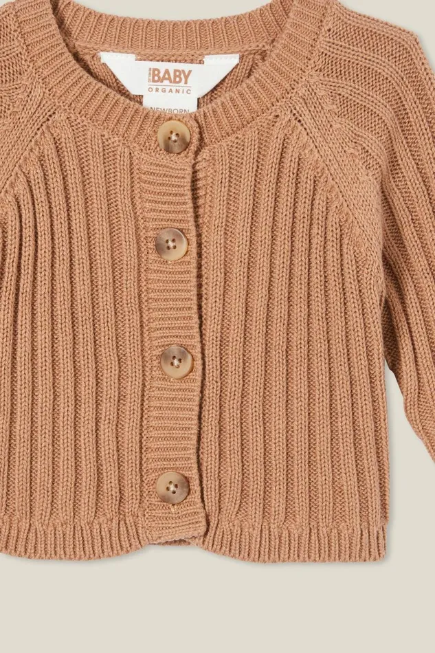 Baby Tops Jackets and Sweaters Cotton On Organic Newborn Rib Knit Cardigan Taupy Brown