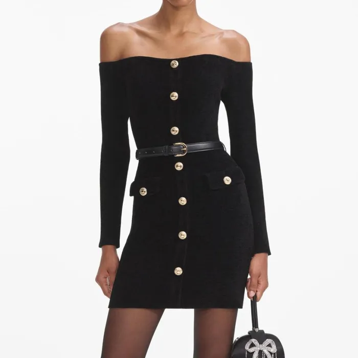 Black Chenille Knit Mini Dress Women Self Portrait Dresses