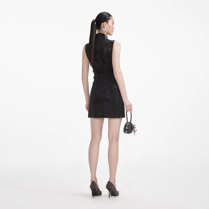 Black Rhinestone Crepe Mini Dress Women Self Portrait Dresses