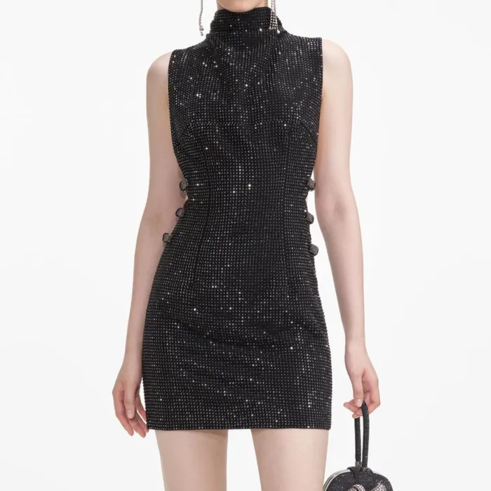 Black Rhinestone Crepe Mini Dress Women Self Portrait Dresses