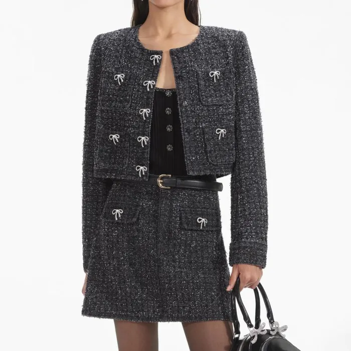 Black Textured Denim Jacket Women Self Portrait Denim