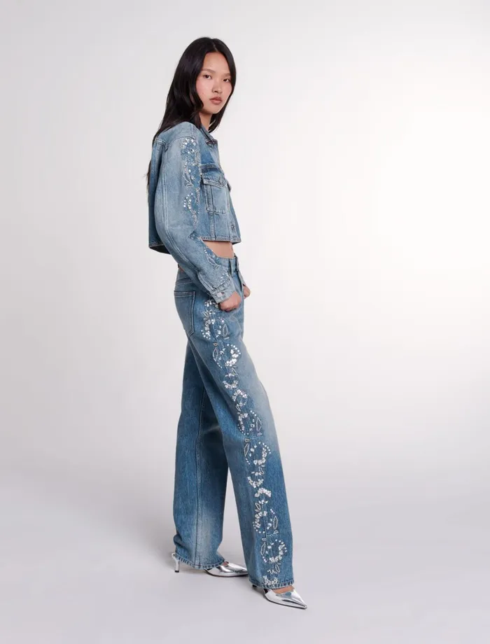Blazers and Jackets Women Maje Embroidered Denim Jacket Blue