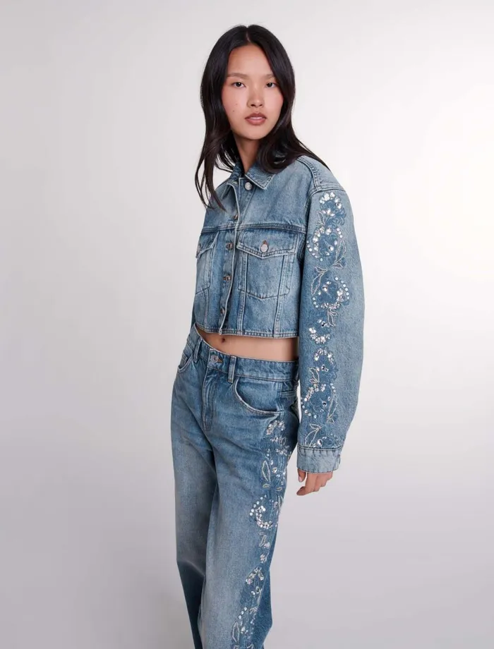 Blazers and Jackets Women Maje Embroidered Denim Jacket Blue
