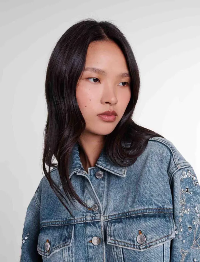 Blazers and Jackets Women Maje Embroidered Denim Jacket Blue