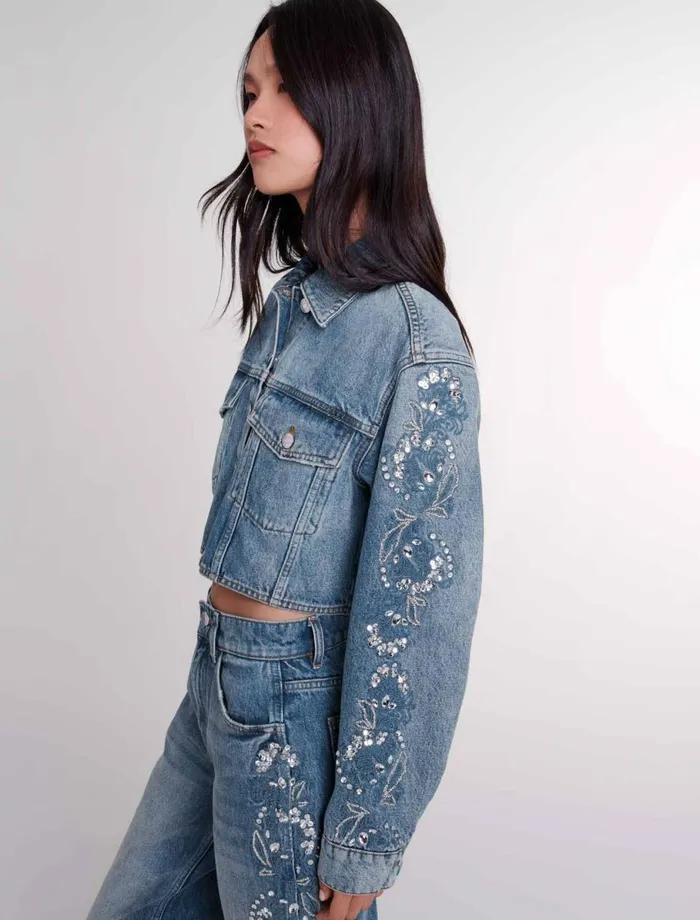 Blazers and Jackets Women Maje Embroidered Denim Jacket Blue