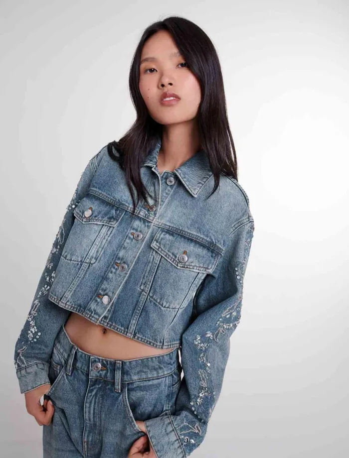 Blazers and Jackets Women Maje Embroidered Denim Jacket Blue