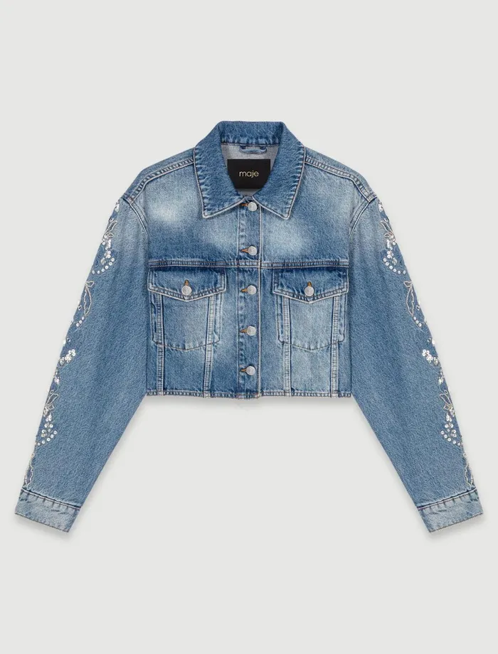 Blazers and Jackets Women Maje Embroidered Denim Jacket Blue