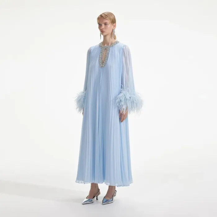Blue Chiffon Feather Midi Dress Women Self Portrait Dresses Blue Chiffon Feather Midi Dress Women Self Portrait Dresses