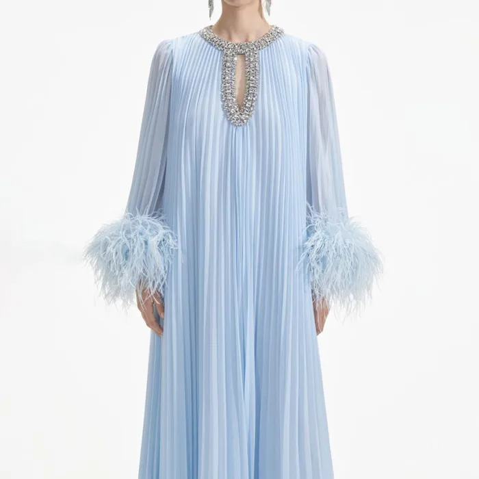 Blue Chiffon Feather Midi Dress Women Self Portrait Dresses Blue Chiffon Feather Midi Dress Women Self Portrait Dresses