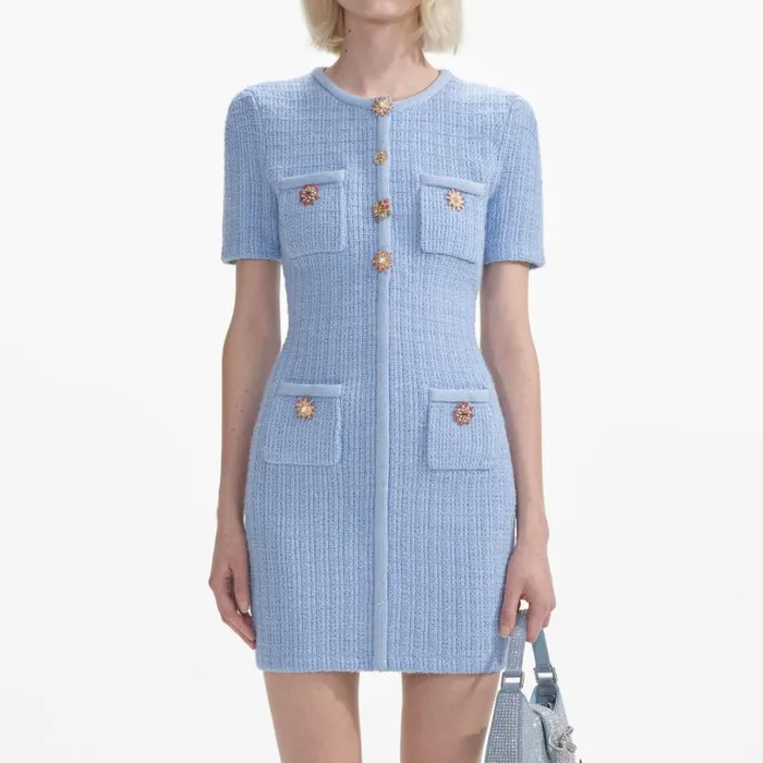Blue Jewel Button Knit Mini Dress Women Self Portrait Dresses Blue Jewel Button Knit Mini Dress Women Self Portrait Dresses