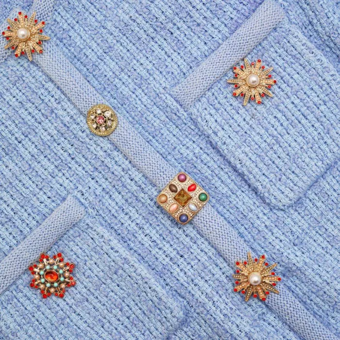 Blue Jewel Button Knit Mini Dress Women Self Portrait Dresses Blue Jewel Button Knit Mini Dress Women Self Portrait Dresses