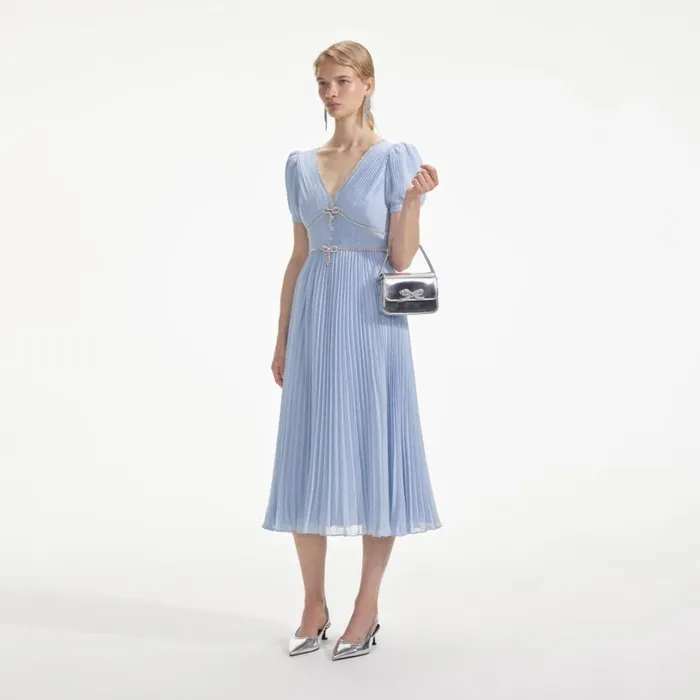 Blue Metallic Chiffon Midi Dress Women Self Portrait Dresses Blue Metallic Chiffon Midi Dress Women Self Portrait Dresses