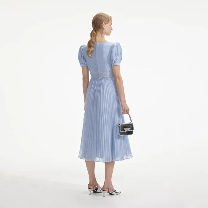 Blue Metallic Chiffon Midi Dress Women Self Portrait Dresses Blue Metallic Chiffon Midi Dress Women Self Portrait Dresses