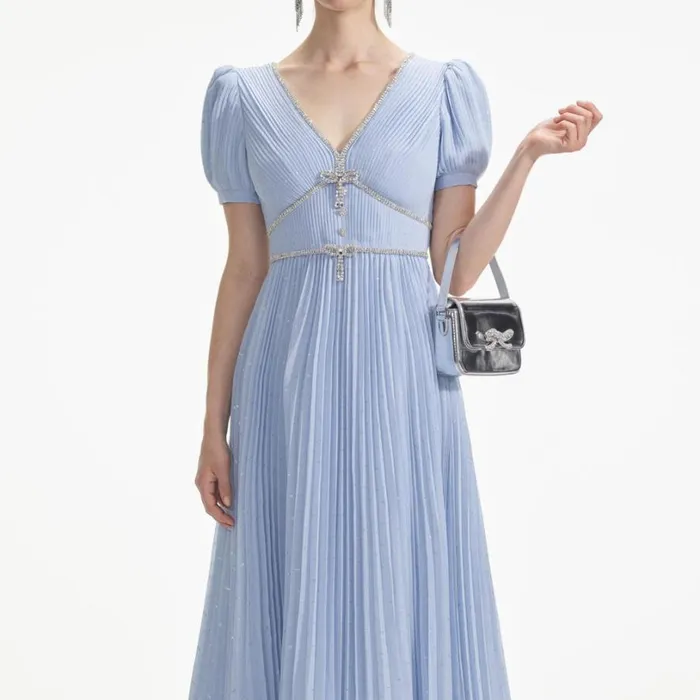 Blue Metallic Chiffon Midi Dress Women Self Portrait Dresses Blue Metallic Chiffon Midi Dress Women Self Portrait Dresses