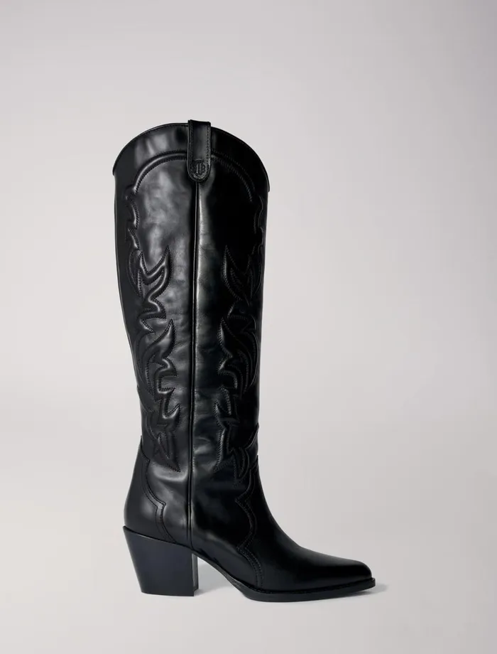 Booties and Boots Women Maje Western Leather Boots Black