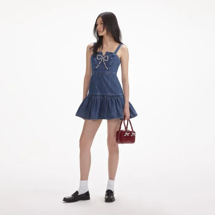 Bow Denim Mini Dress Women Self Portrait Dresses Bow Denim Mini Dress Women Self Portrait Dresses