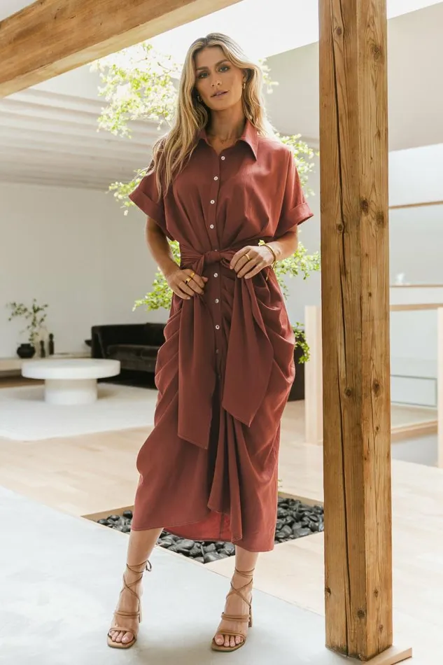 Brynlee Ruched Dress In Clay Clay Women Bohme Dresses