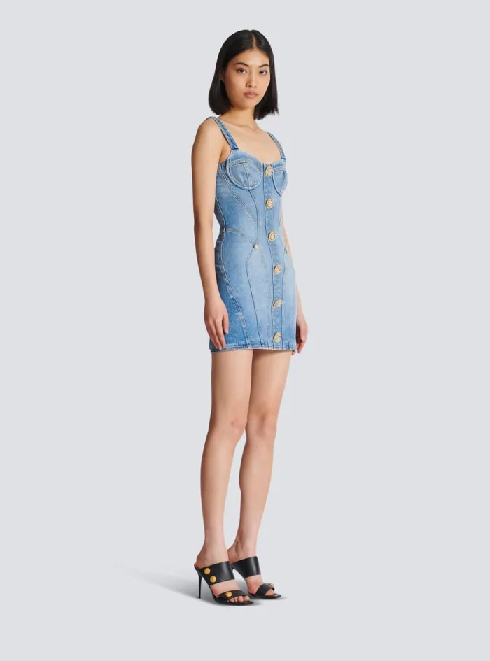 Buttoned Short Denim Dress Blue Women Balmain Dresses