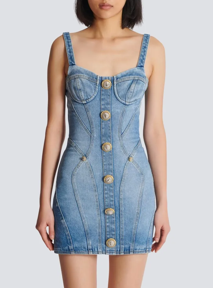 Buttoned Short Denim Dress Blue Women Balmain Dresses