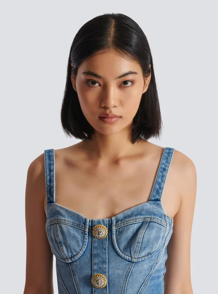 Buttoned Short Denim Dress Blue Women Balmain Dresses