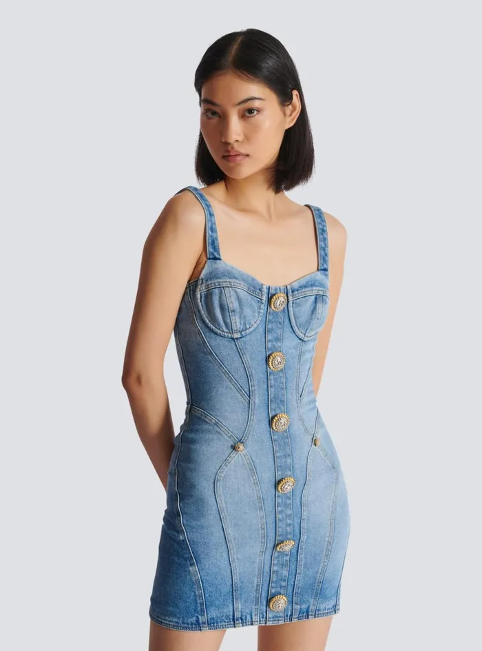 Buttoned Short Denim Dress Blue Women Balmain Dresses