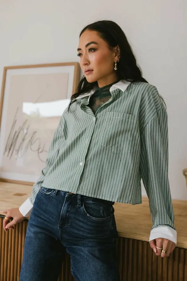 Cassidy Striped Button Up Green Women Bohme Tops