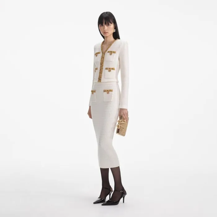 Cream Lurex Knit Midi Skirt Women Self Portrait Knitwear