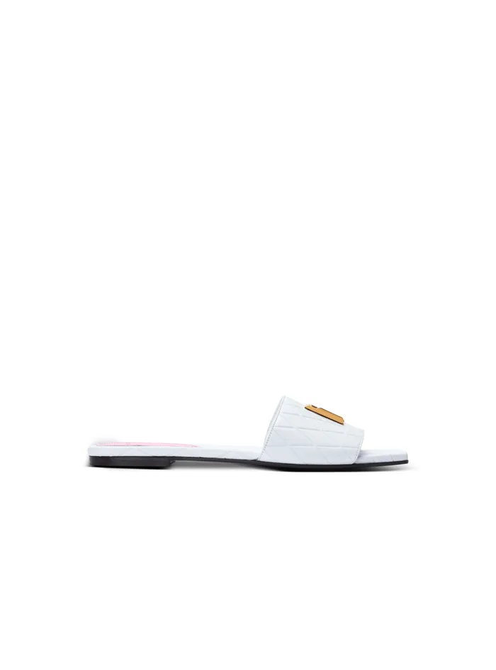 Dafne Calfskin Mules With Embossed Diamond White Women Balmain Flat Shoes