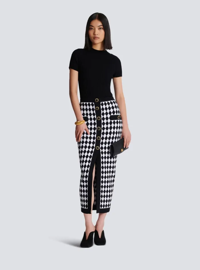 Diamond Jacquard Midi Skirt Black Women Balmain Skirts