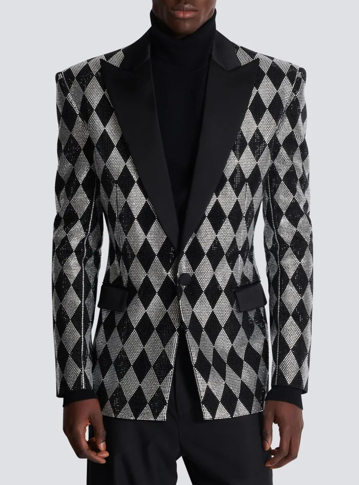 Diamond Rhinestone 1button Jacket Black Men Balmain Jackets And Blazers