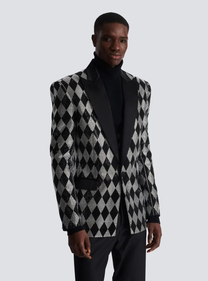 Diamond Rhinestone 1button Jacket Black Men Balmain Jackets And Blazers