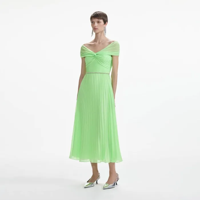 Green Off Shoulder Chiffon Midi Dress Women Self Portrait Dresses Green Off Shoulder Chiffon Midi Dress Women Self Portrait Dresses