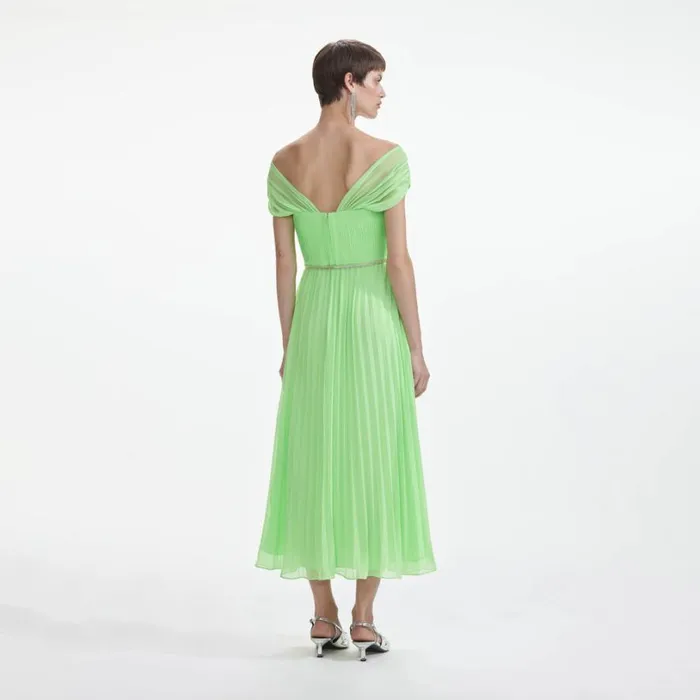 Green Off Shoulder Chiffon Midi Dress Women Self Portrait Dresses Green Off Shoulder Chiffon Midi Dress Women Self Portrait Dresses