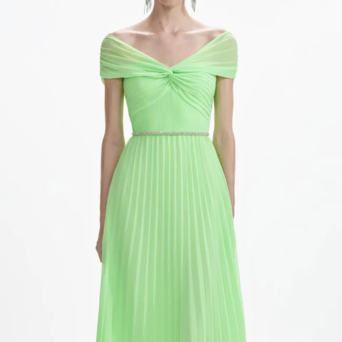 Green Off Shoulder Chiffon Midi Dress Women Self Portrait Dresses Green Off Shoulder Chiffon Midi Dress Women Self Portrait Dresses