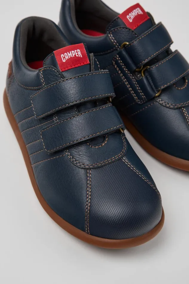 Hook And Loop Kids Camper Pelotas Navy Blue Leather And Textile Shoes