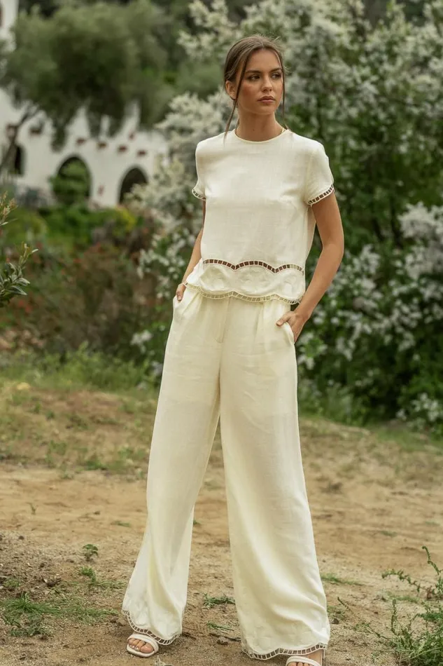 Katniss Embroidered Pants In Cream Cream Women Bohme Sets