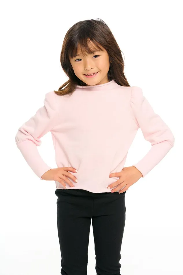 Kids Girls Chaser Brand Semi Cropped Hi Lo Mock Neck Puff Sleeve Pullover