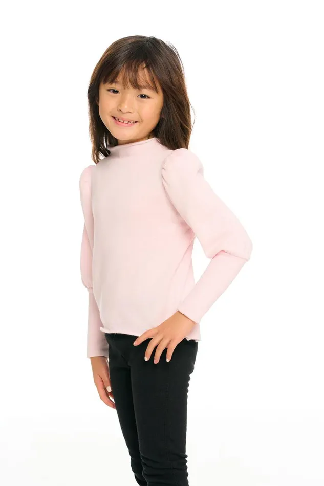 Kids Girls Chaser Brand Semi Cropped Hi Lo Mock Neck Puff Sleeve Pullover