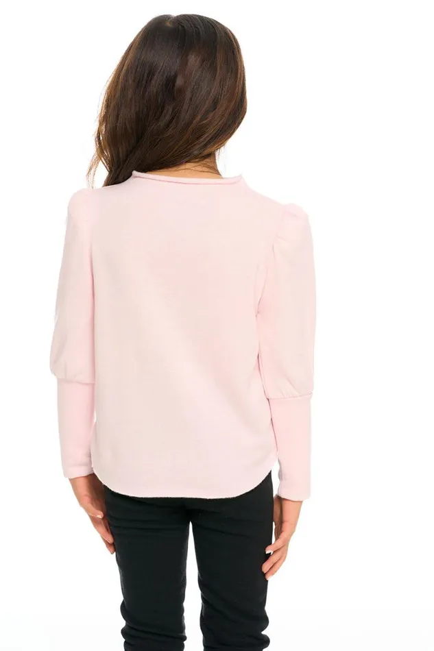 Kids Girls Chaser Brand Semi Cropped Hi Lo Mock Neck Puff Sleeve Pullover