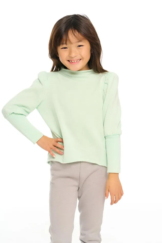 Kids Girls Chaser Brand Semi Cropped Hi Lo Mock Neck Puff Sleeve Pullover