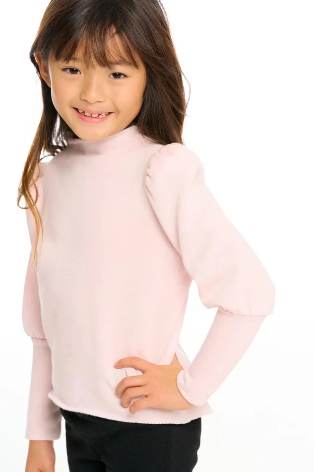 Kids Girls Chaser Brand Semi Cropped Hi Lo Mock Neck Puff Sleeve Pullover