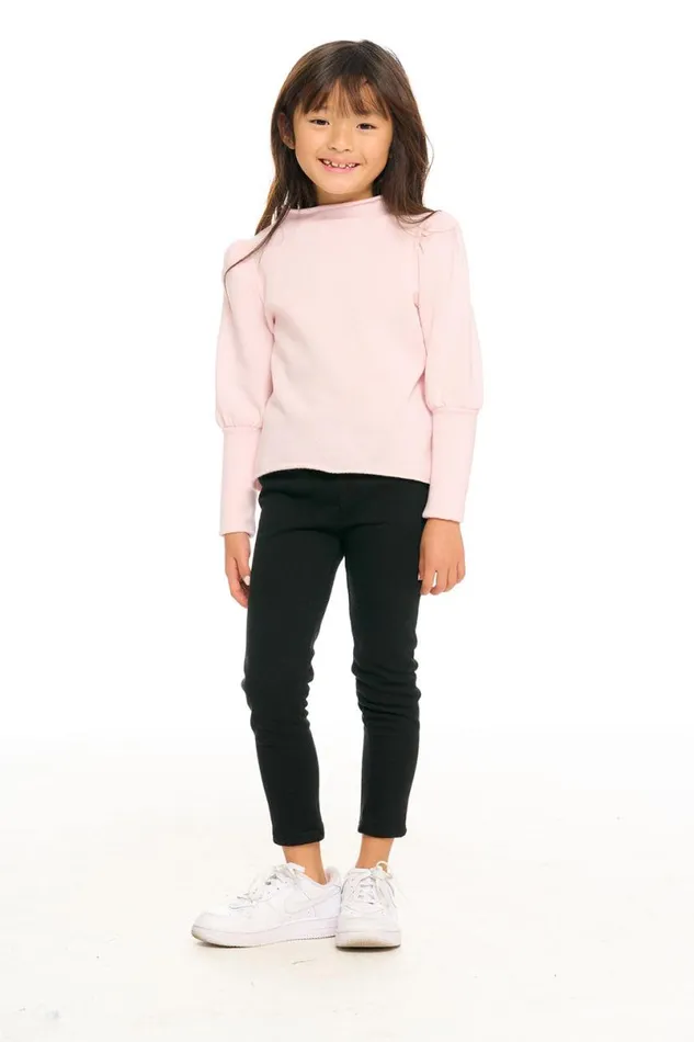 Kids Girls Chaser Brand Semi Cropped Hi Lo Mock Neck Puff Sleeve Pullover